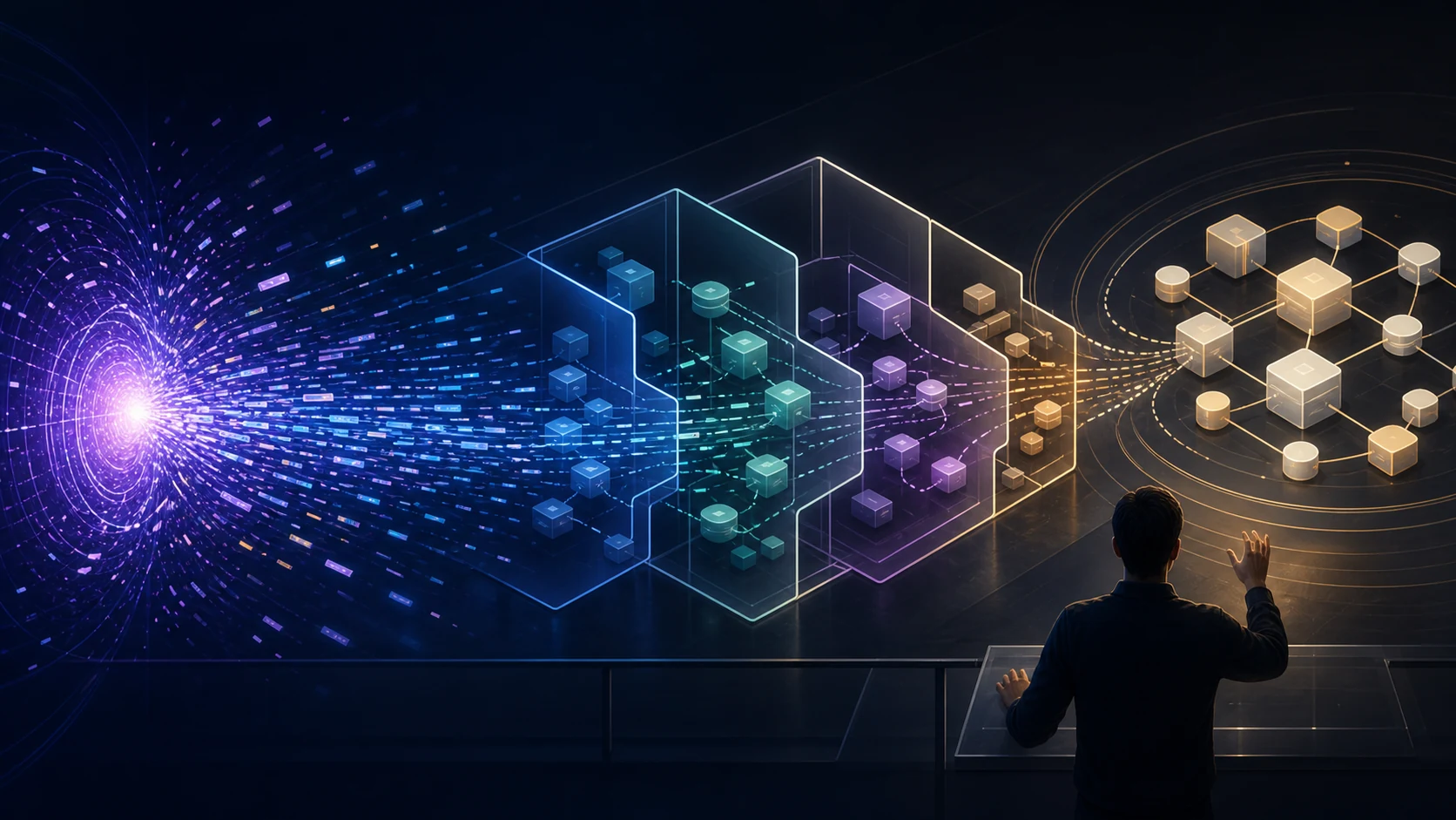 AI 生成的代码流经过领域边界，最终形成可理解的业务模型